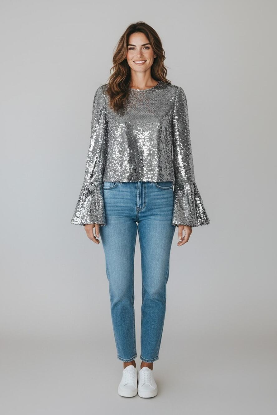 A8 Auth SELF PORTRAIT Silver Sequin Flared Sleeve Top Size 2